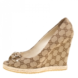 Pre Owned حذاء كعب عالي غوتشي نعل روكي مقدمة مفتوحة هورسبيت شارلوت كانفاس GG بيج مقاس 40