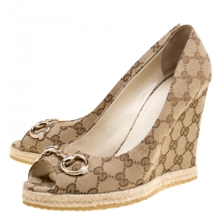 Pre Owned حذاء كعب عالي غوتشي نعل روكي مقدمة مفتوحة هورسبيت شارلوت كانفاس GG بيج مقاس 40