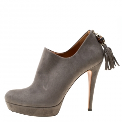 Pre Owned Gucci Grey Suede Bamboo Tassel Platform Booties Size 38.5