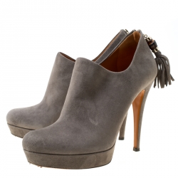 Pre Owned Gucci Grey Suede Bamboo Tassel Platform Booties Size 38.5