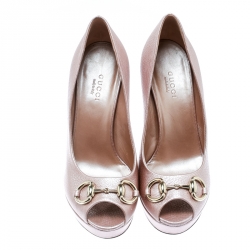 Pre Owned Gucci Blush Pink Leather Horsebit Platform Peep Toe Pumps Size 36