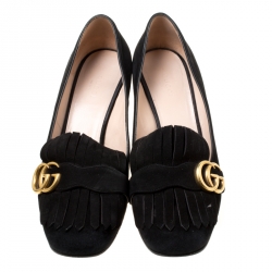 Pre Owned Gucci Black Suede Fringe Marmont Loafer Pumps Size 39.5