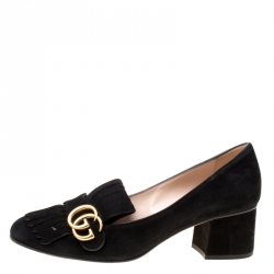Pre Owned Gucci Black Suede Fringe Marmont Loafer Pumps Size 39.5