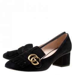 Pre Owned Gucci Black Suede Fringe Marmont Loafer Pumps Size 39.5