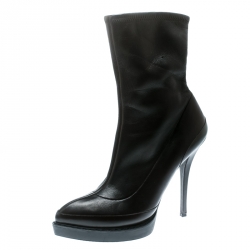 Pre Owned Gucci Black Leather Wimbledon Platform Ankle Boots Size 38.5