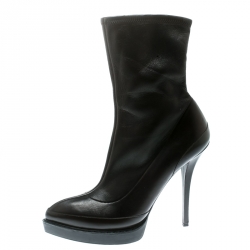 Pre Owned Gucci Black Leather Wimbledon Platform Ankle Boots Size 38.5