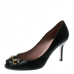 Pre Owned حذاء كعب عالي غوتشي مقدمة مفتوحة هورسبيت جلد لامع أصفر مقاس 39.5