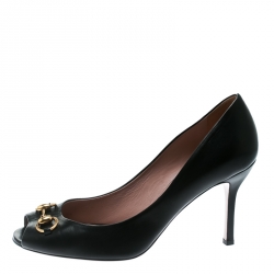 Pre Owned حذاء كعب عالي غوتشي مقدمة مفتوحة هورسبيت جلد لامع أصفر مقاس 39.5