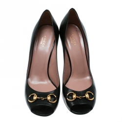 Pre Owned حذاء كعب عالي غوتشي مقدمة مفتوحة هورسبيت جلد لامع أصفر مقاس 39.5