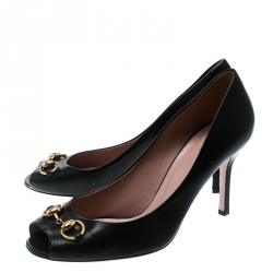 Pre Owned حذاء كعب عالي غوتشي مقدمة مفتوحة هورسبيت جلد لامع أصفر مقاس 39.5