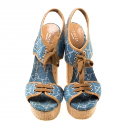 مملوكة مسبقًا صندل غوتشي نعل سميك روكي دنيم مونوغرامي أزرق مقاس 38.5