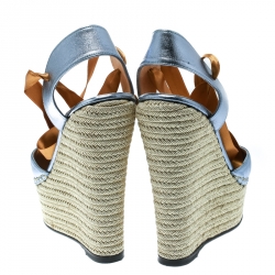 Pre Owned Gucci Metallic Blue/Dark Yellow Leather and Satin Alexis Wrap Platform Wedge Sandals Size 36.5