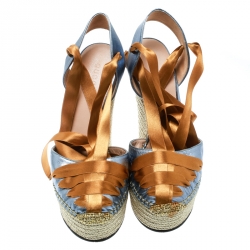 Pre Owned Gucci Metallic Blue/Dark Yellow Leather and Satin Alexis Wrap Platform Wedge Sandals Size 36.5