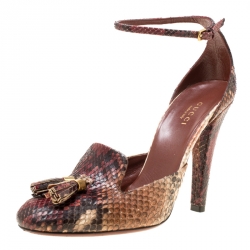 Pre Owned Gucci Maroon Python Mischa Ankle Strap Tassel Loafer Pumps Size 38