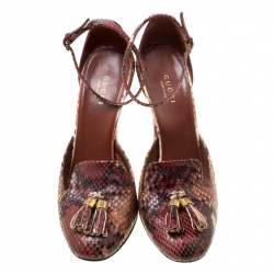Pre Owned Gucci Maroon Python Mischa Ankle Strap Tassel Loafer Pumps Size 38
