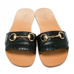 Pre Owned صندل غوتشي سلايد هورسبيت جلد شراشيب أسود مقاس 38