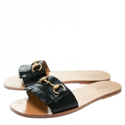 Pre Owned صندل غوتشي سلايد هورسبيت جلد شراشيب أسود مقاس 38