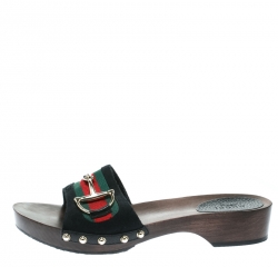 مملوكة مسبقًا صندل كلوغ غوتشي سلايد خشب ايكون بيت ويب شهير كانفاس GG أسود مقاس 40