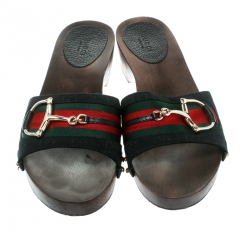 مملوكة مسبقًا صندل كلوغ غوتشي سلايد خشب ايكون بيت ويب شهير كانفاس GG أسود مقاس 40