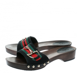 مملوكة مسبقًا صندل كلوغ غوتشي سلايد خشب ايكون بيت ويب شهير كانفاس GG أسود مقاس 40