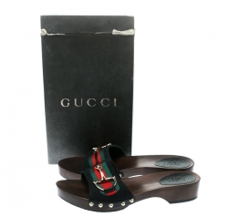 مملوكة مسبقًا صندل كلوغ غوتشي سلايد خشب ايكون بيت ويب شهير كانفاس GG أسود مقاس 40