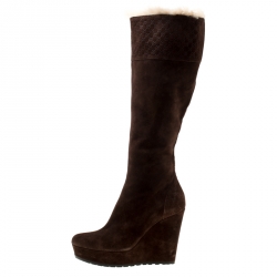 Pre Owned Gucci Brown Suede Courteney Platform Wedge Boots Size 36.5