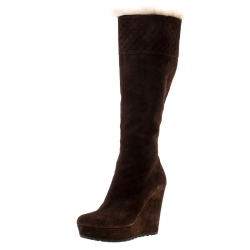 Pre Owned Gucci Brown Suede Courteney Platform Wedge Boots Size 36.5