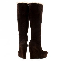 Pre Owned Gucci Brown Suede Courteney Platform Wedge Boots Size 36.5