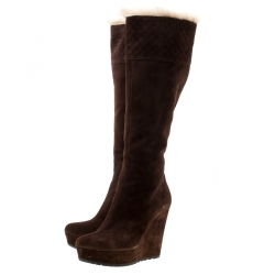 Pre Owned Gucci Brown Suede Courteney Platform Wedge Boots Size 36.5