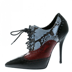 Pre Owned Gucci Tricolor Brogue Python Gia Pointed Toe Lace Up Ankle Booties Size 37