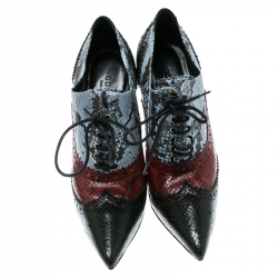 Pre Owned Gucci Tricolor Brogue Python Gia Pointed Toe Lace Up Ankle Booties Size 37
