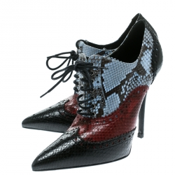 Pre Owned Gucci Tricolor Brogue Python Gia Pointed Toe Lace Up Ankle Booties Size 37