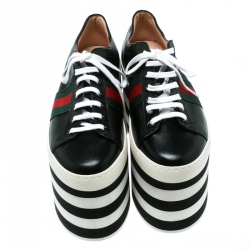 Pre Owned Gucci Black Leather Peggy Web Detail Platform Sneakers Size 39