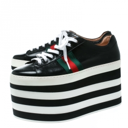 Pre Owned Gucci Black Leather Peggy Web Detail Platform Sneakers Size 39