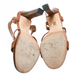 Pre Owned Gucci Brown Pebbled Leather Marrakech Open-Toe Block Heel Sandals Size 37 