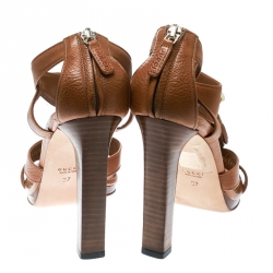 Pre Owned Gucci Brown Pebbled Leather Marrakech Open-Toe Block Heel Sandals Size 37 