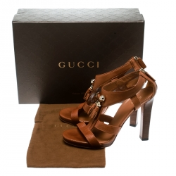 Pre Owned Gucci Brown Pebbled Leather Marrakech Open-Toe Block Heel Sandals Size 37 