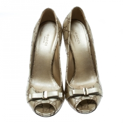 Pre Owned Gucci Beige Guccissima Leather Bow Detail Peep Toe Pumps Size 40 
