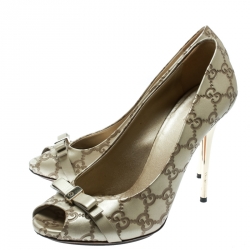 Pre Owned Gucci Beige Guccissima Leather Bow Detail Peep Toe Pumps Size 40 