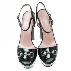 مملوكة مسبقًا صندل غوتشي بكعب عريض وحزام كاحل هورسبيت جلد أسود مقاس 39