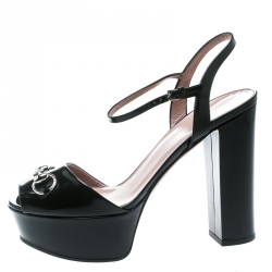 مملوكة مسبقًا صندل غوتشي بكعب عريض وحزام كاحل هورسبيت جلد أسود مقاس 39