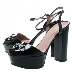 مملوكة مسبقًا صندل غوتشي بكعب عريض وحزام كاحل هورسبيت جلد أسود مقاس 39