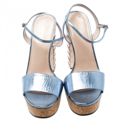 Pre Owned Gucci Metallic Blue Leather Claudie Platform Sandals Size 39