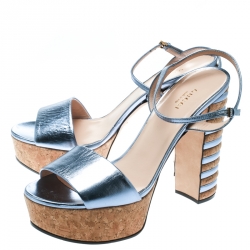 Pre Owned Gucci Metallic Blue Leather Claudie Platform Sandals Size 39