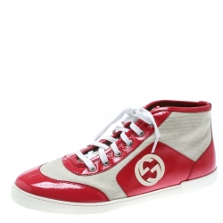 Pre Owned Gucci Pink Patent Leather With Beige Canvas GG High Top Sneakers Size 40