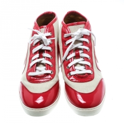 Pre Owned Gucci Pink Patent Leather With Beige Canvas GG High Top Sneakers Size 40