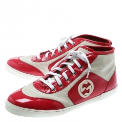 Pre Owned Gucci Pink Patent Leather With Beige Canvas GG High Top Sneakers Size 40