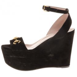 Pre Owned Gucci Black Suede Horsebit Platform Ankle Strap Wedges Size 37