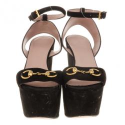 Pre Owned Gucci Black Suede Horsebit Platform Ankle Strap Wedges Size 37