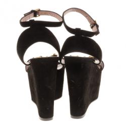 Pre Owned Gucci Black Suede Horsebit Platform Ankle Strap Wedges Size 37